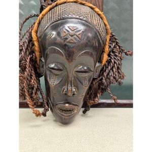 Authentic Antique Hand Carved Wooden Tribal Mask with Braided Hair Wall Decor